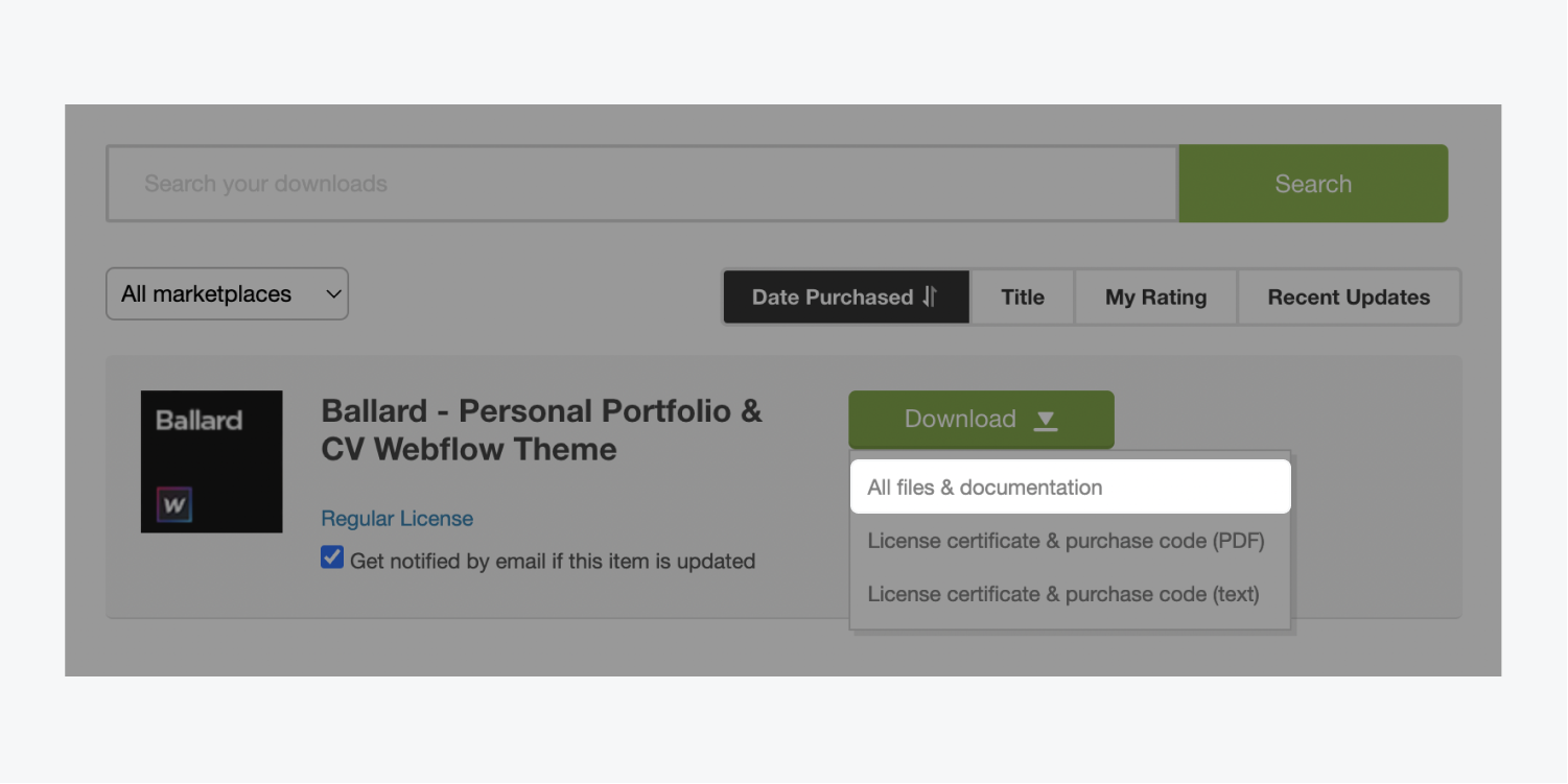 The “All files & documentation” option is highlighted in the Download dropdown.