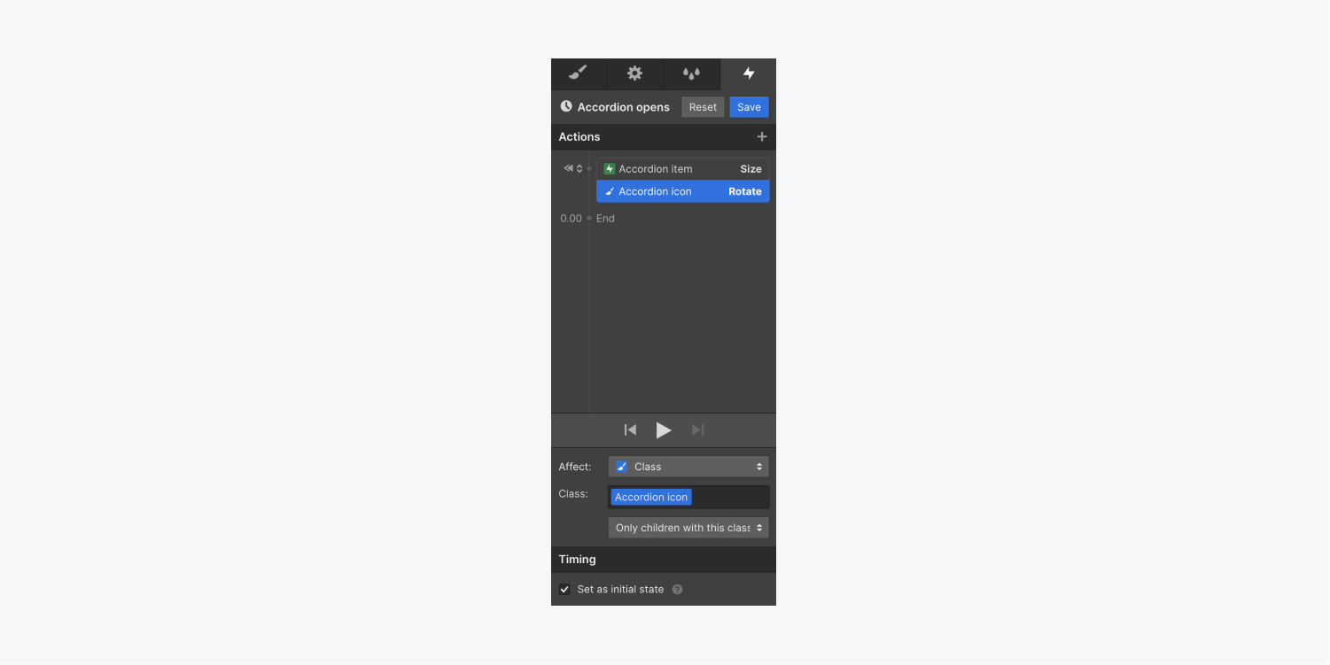 A Rotate action for the Accordion icon element is highlighted in the Interactions panel. The checkbox for “Set as initial state” is checked.