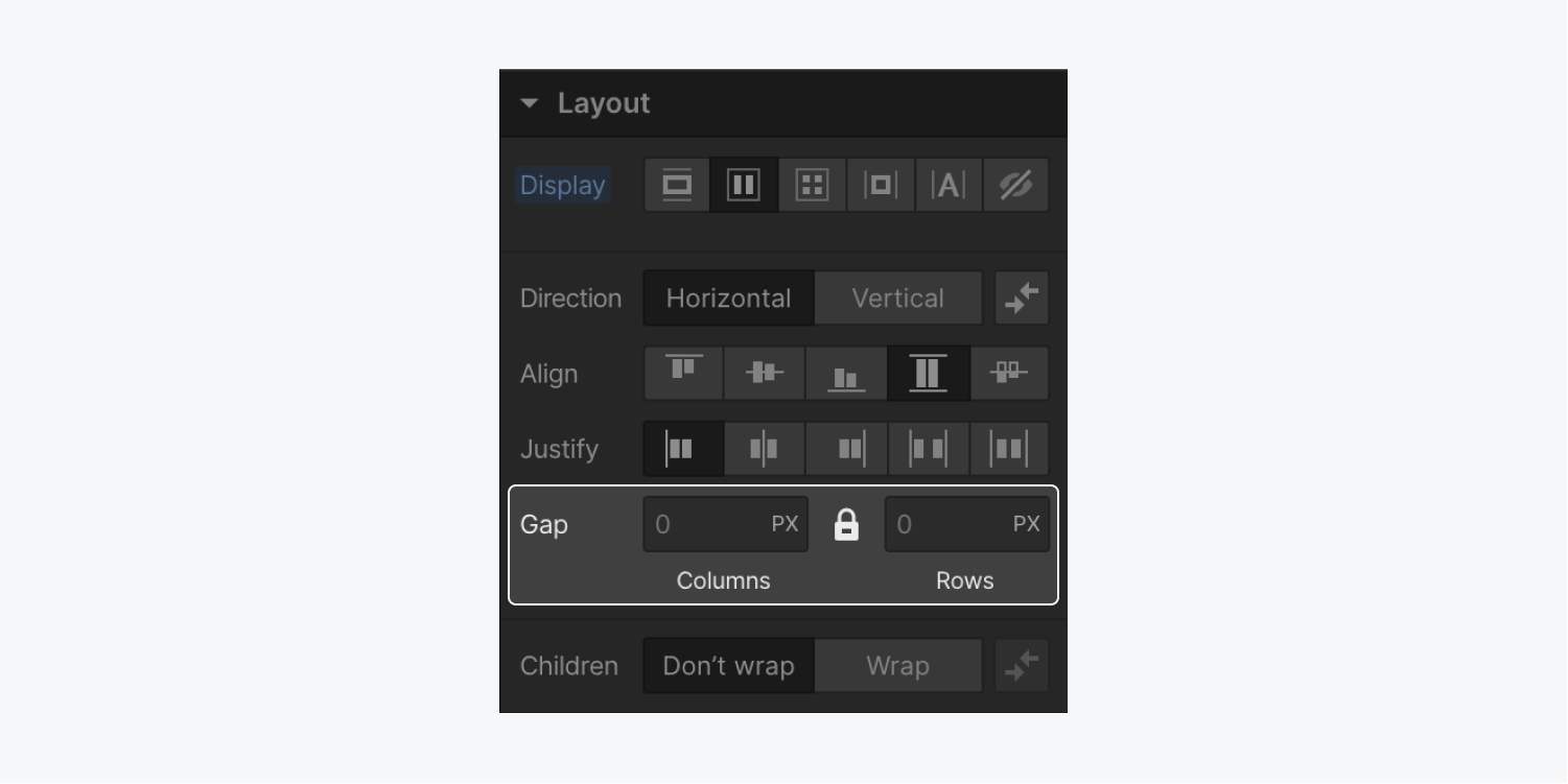 The flexbox gap spacing option between columns and rows is highlighted in the Layout section of the Style panel.