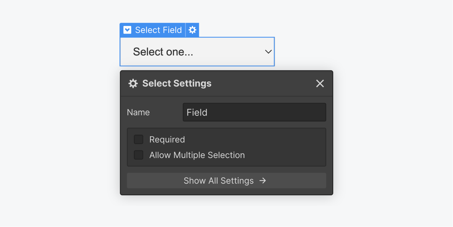 A Select Field element is selected and displaying the settings panel. The Select settings panel includes a name input field, and two checkbox options for Required and Allow Multiple Selection. There is also a show all settings button at the bottom of the panel.