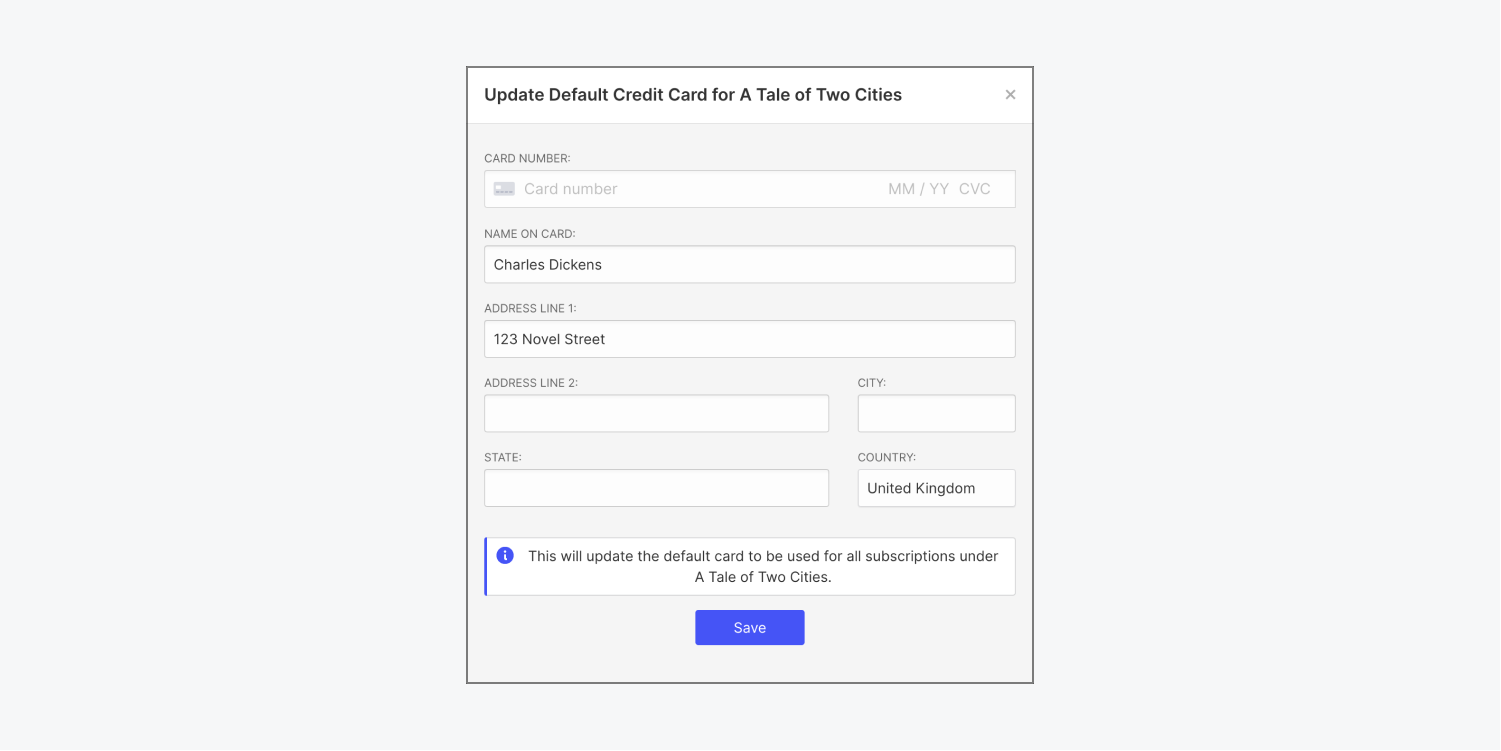 The Update credit card modal window is shown with fields available to enter card information and billing details. 