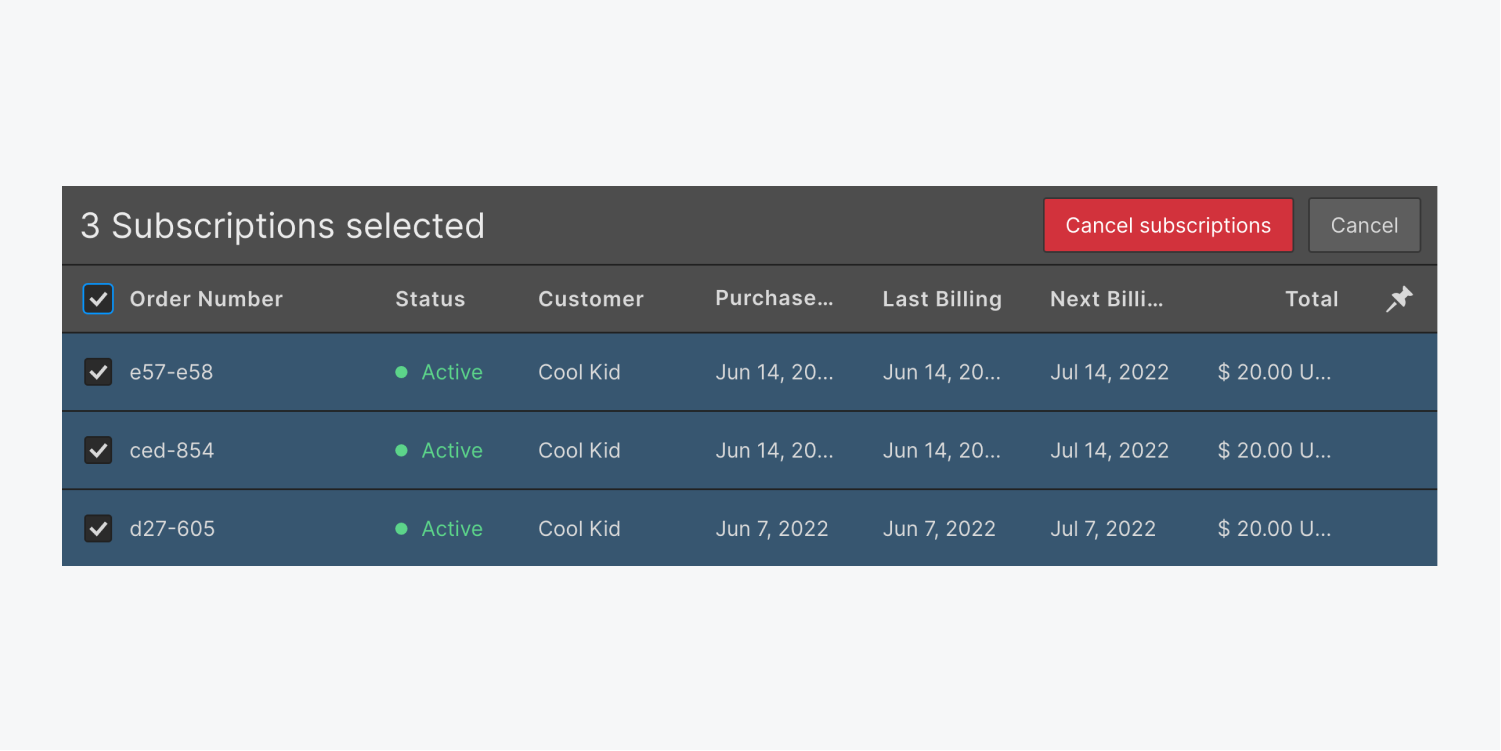 The checkbox next to “Order number” is highlighted to select all subscriptions for bulk deletion.