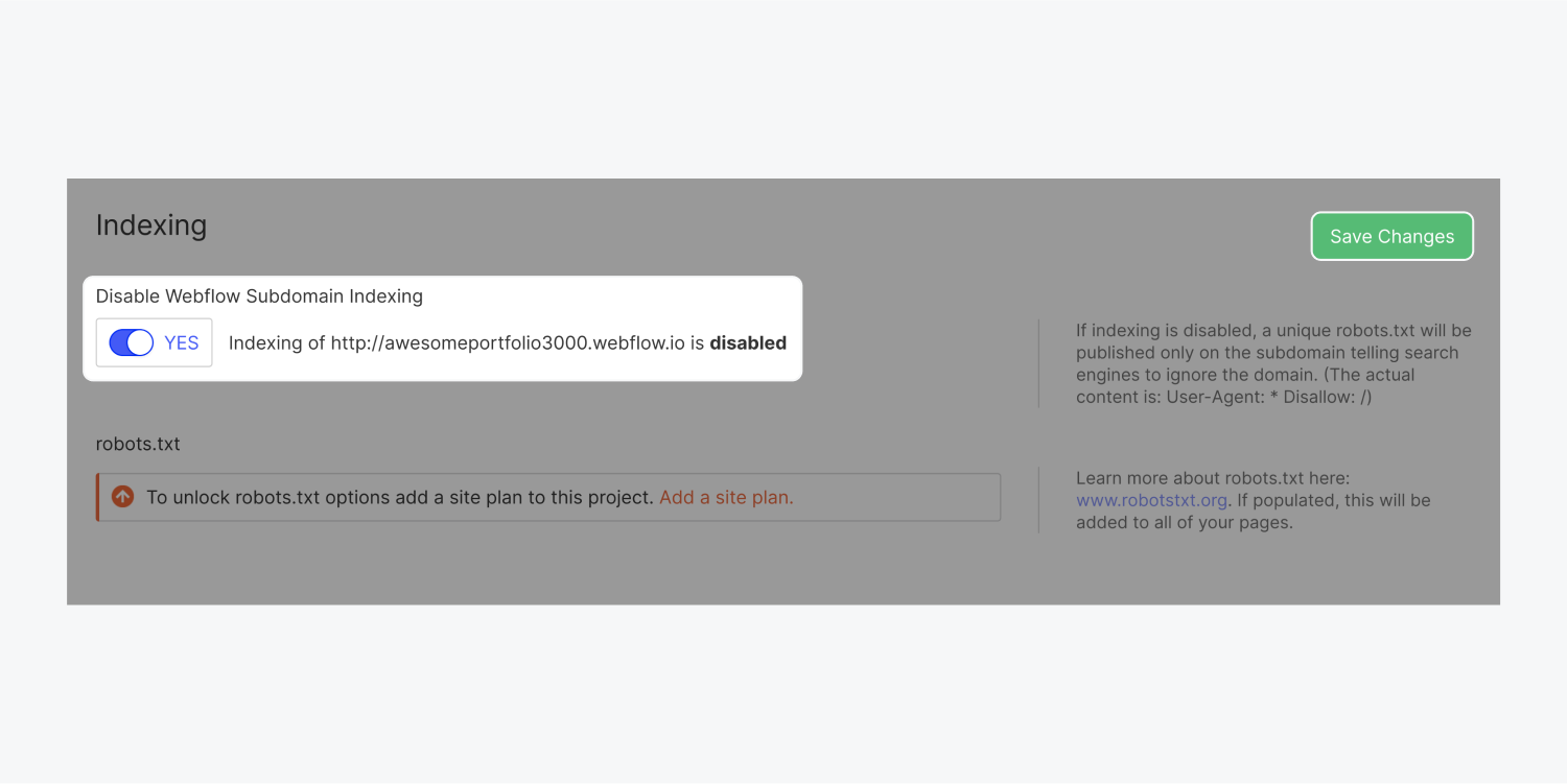 Disable Webflow subdomain indexing is set to YES. This section and the “Save changes” button are highlighted.