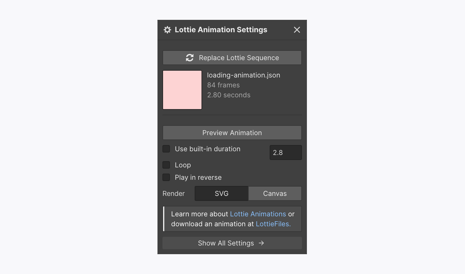 The Lottie animation element settings on-canvas menu.