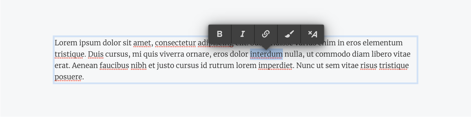 The word iterdum is highlighted within the paragraph text. A text formatting bar is hovering above the word with the 5 text formatting options, bold, italic, insert link, wrap with span and clear formatting.