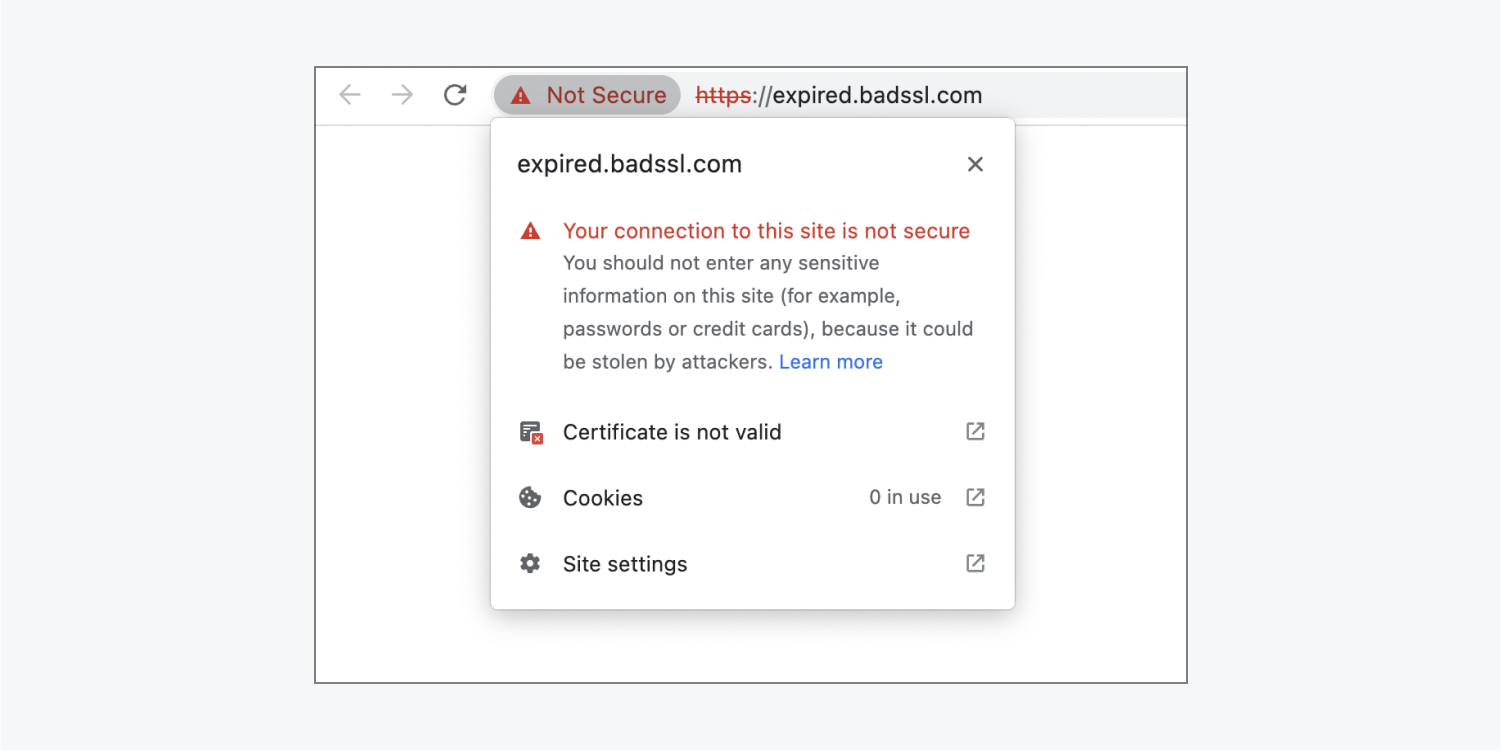 The modal that appears after clicking the “exclamation mark in a triangle” icon in the URL bar. This shows that the connection is not secure.