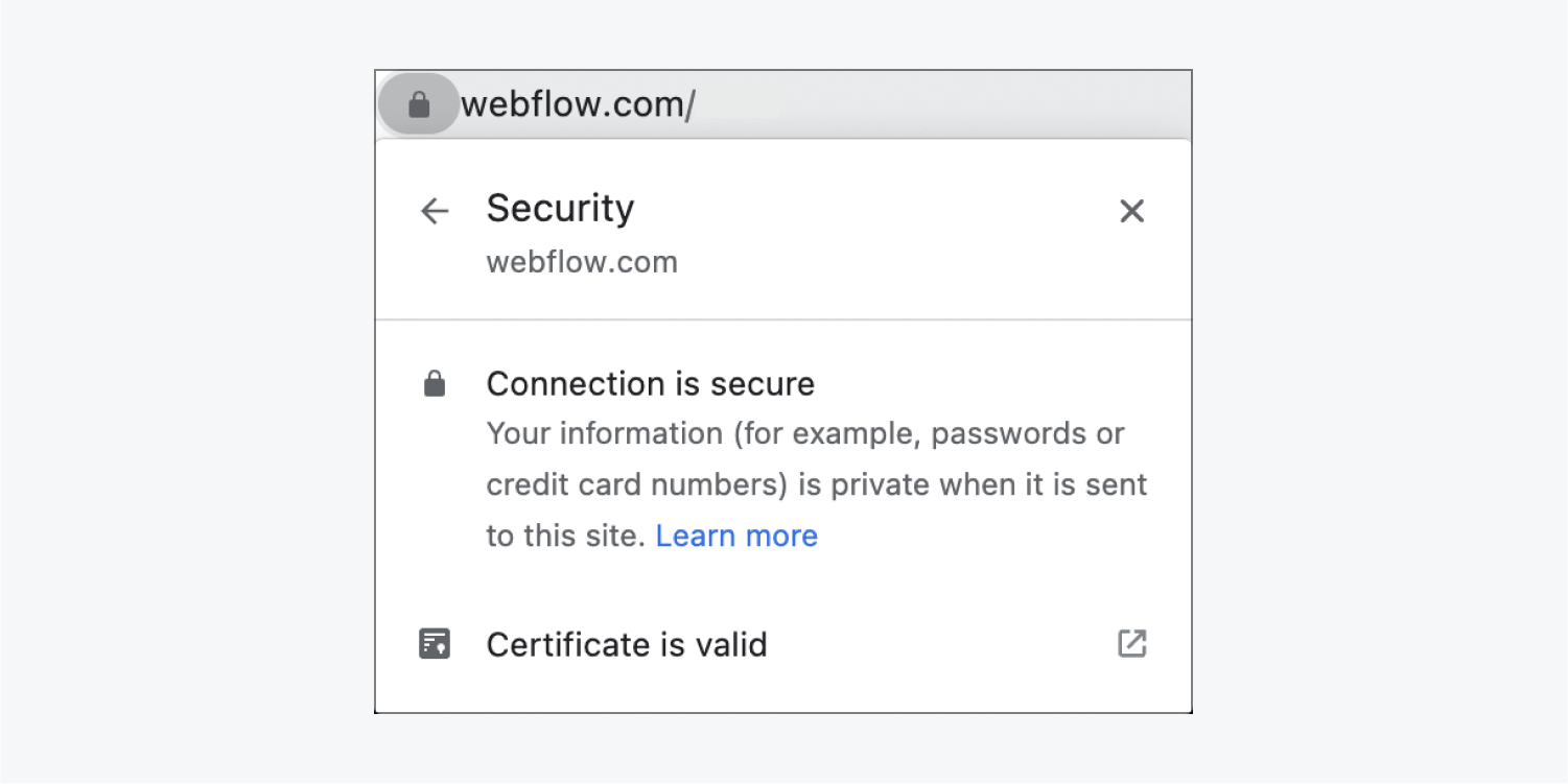 The modal that appears after clicking “Connection is secure.” It indicates that passwords and credit card numbers are private when sent to the site, and indicates that the certificate is valid.