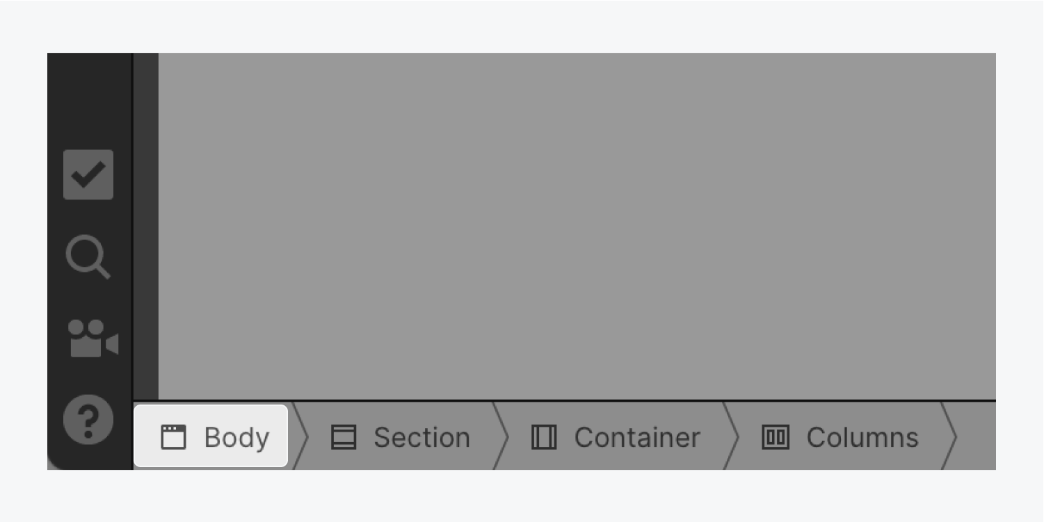 On the navigation breadcrumb bar the Body element is highlighted. Next to the Body element are also included a section, container and columns elements.