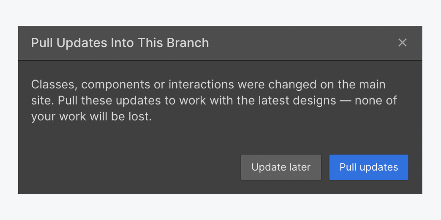 The modal window explains that there are class, component, and/or interaction updates to pull from the main site into the page branch.