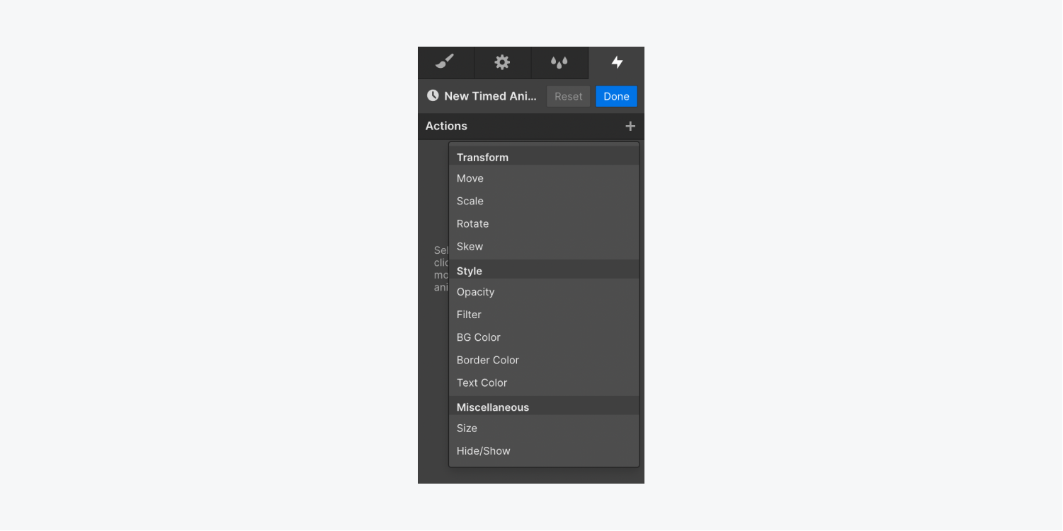 The Actions menu includes Transform, Style, and Miscellaneous actions to add to your animation.