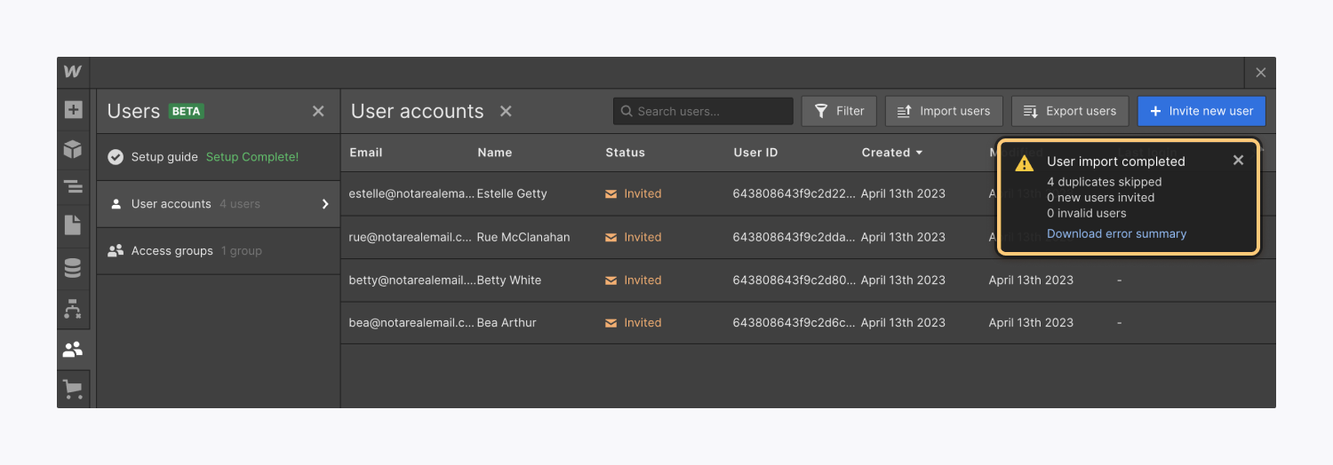 An error alert appears within the User accounts section that reads: “User import completed. 4 duplicates skipped. 0 new users invited. 0 invalid users” and includes a link to download an error summary.