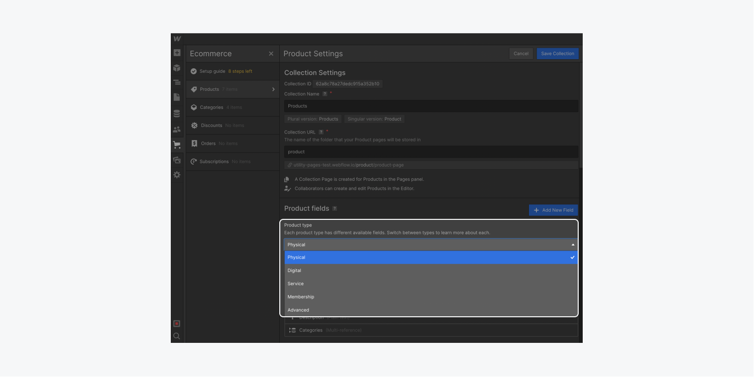 The Product type dropdown in the Product fields section.