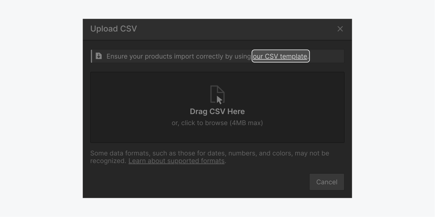 A link to download Webflow CSV template is highlighted on the Upload CSV modal window. There is also a section where you can drag and drop a CSV file. A cancel button is at the bottom right corner of the window.