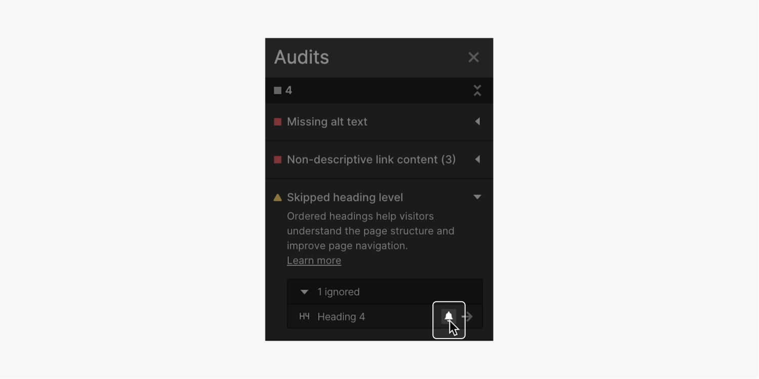 The bell icon is highlighted alongside an issue in the Audit panel to show how you can unignore a flagged issue. 
