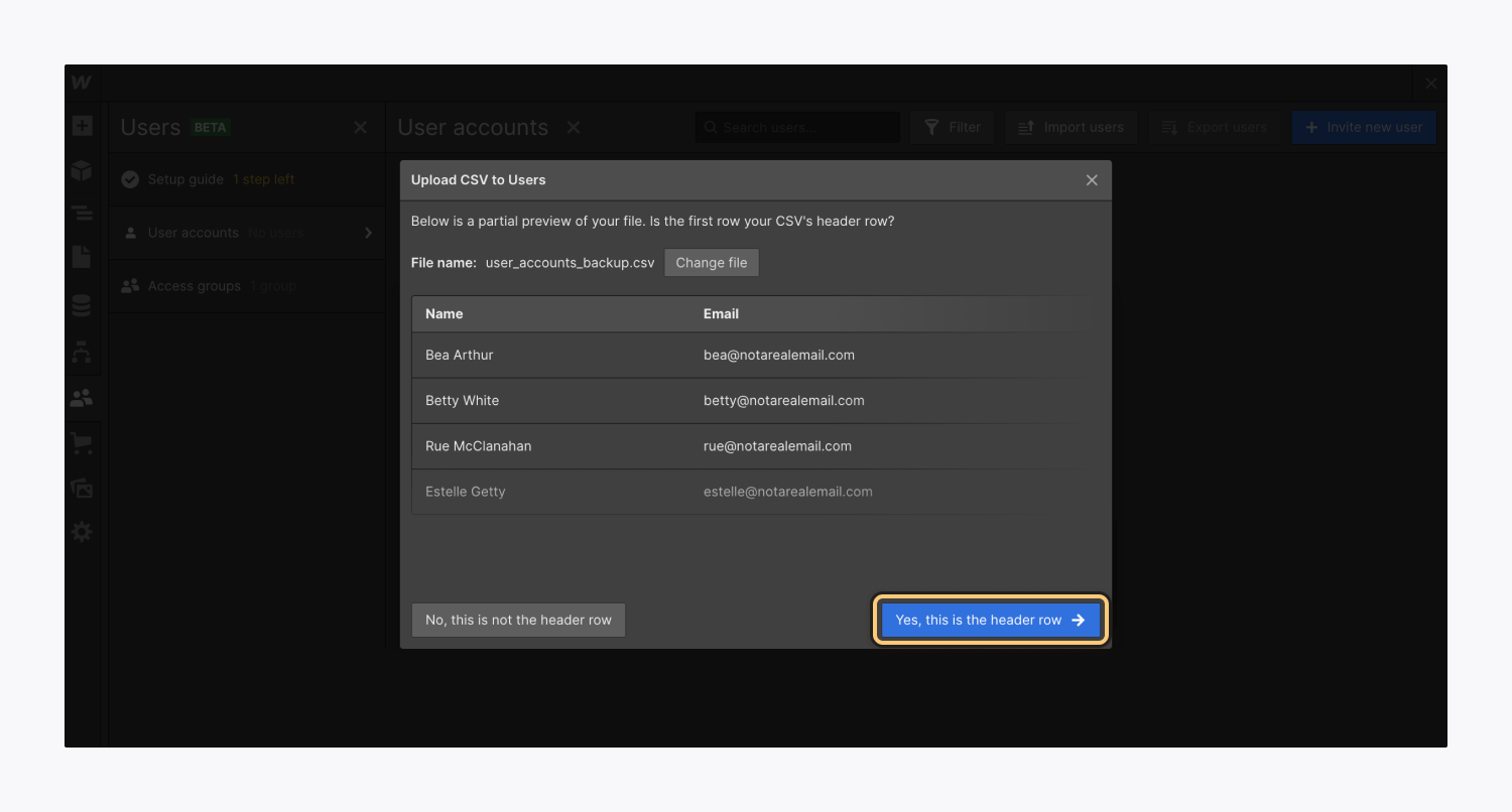 The CSV import modal window lets you confirm whether the first row of your CSV file is the header row. The “Yes, this is the header row” button is highlighted. 