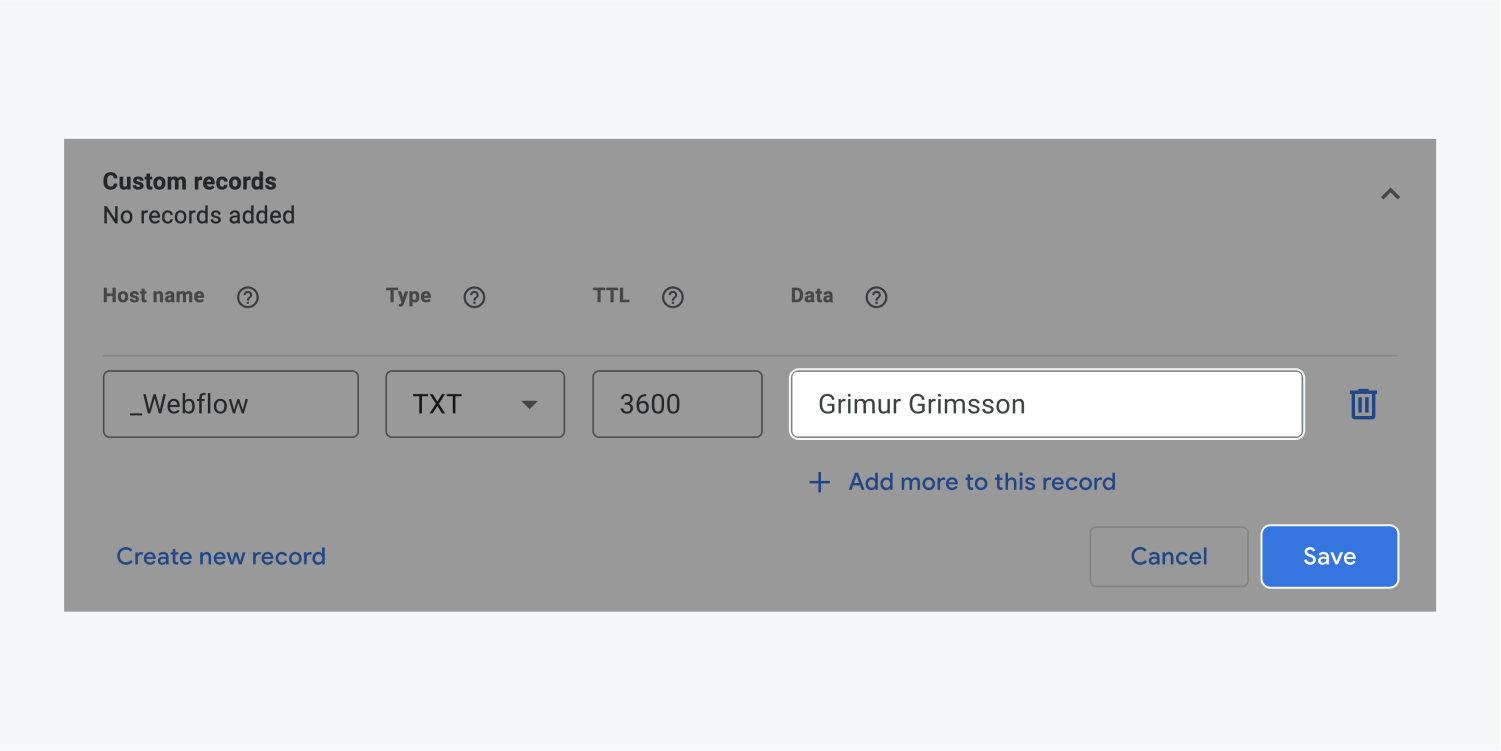 Grimur Grimsson is entered in the value "data" field and highlighted within the Custom records section. There is also a highlighted blue save button at the bottom right corner.