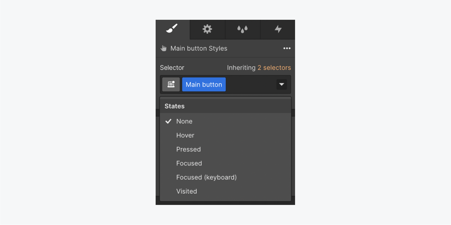 The None state is selected in the States dropdown in the Selector field of the Style panel.