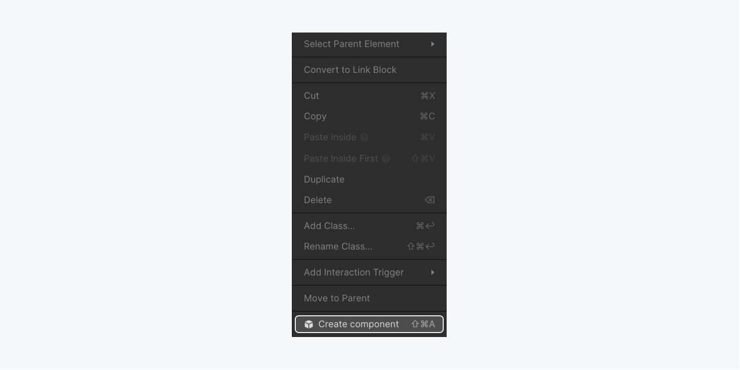 The create component option is highlighted in the menu that appears after right-clicking an element.