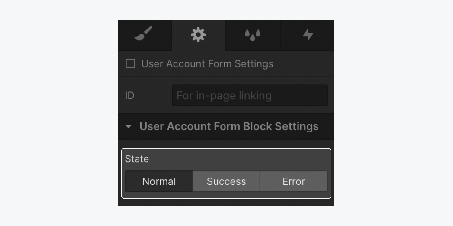 The User account form block states (normal, success, and error) in the Settings panel.