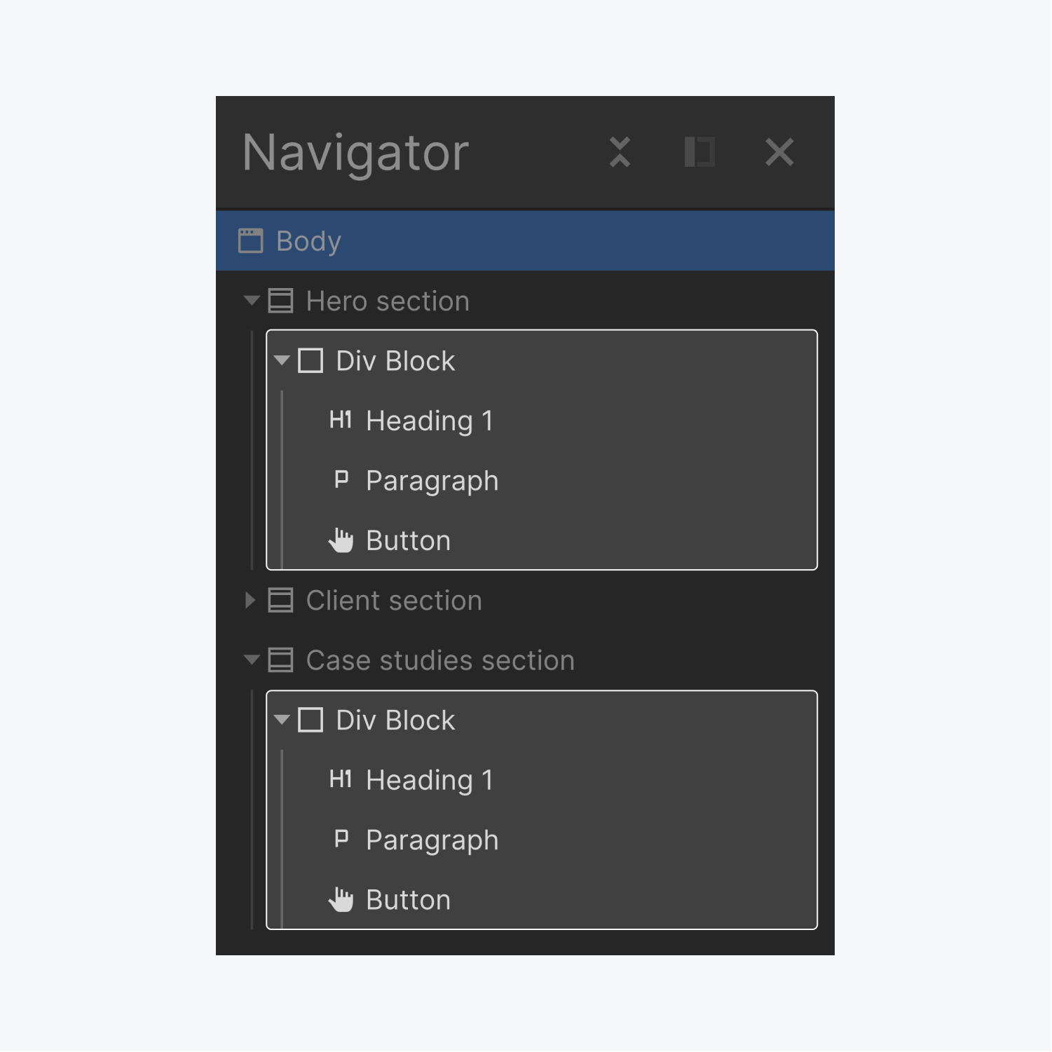 Two div blocks in separate sections are highlighted on the navigator panel. Each Div Block contains an H1, paragraph and button element.