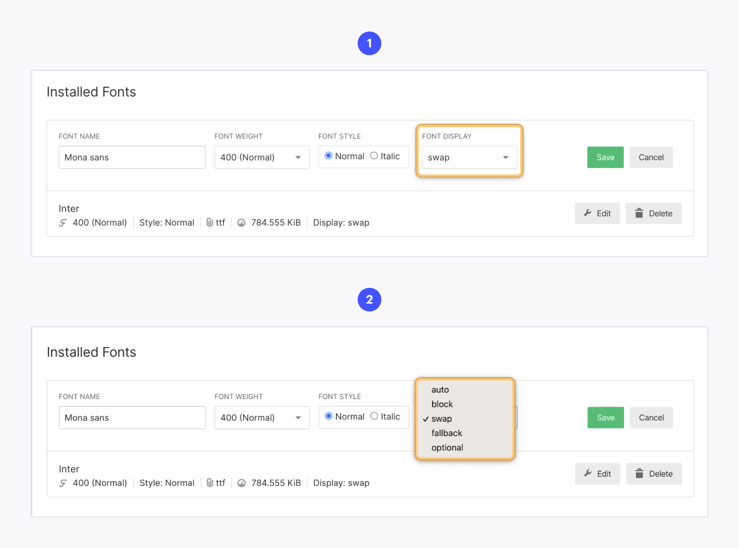 The “Display” setting for an installed custom font called Mona sans is set to swap. 