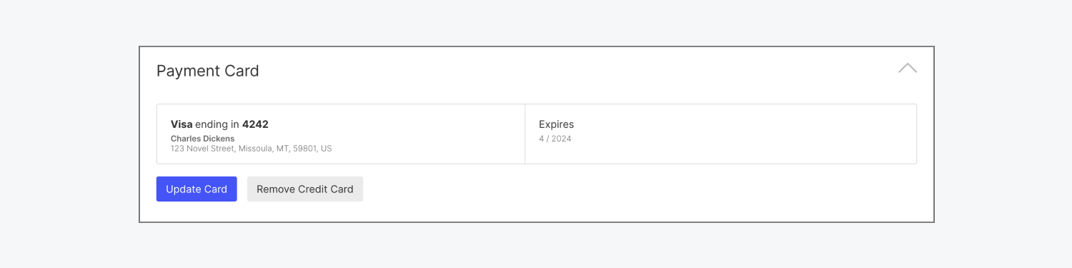 The payment method on file is shown in the Payment card section of the Billing tab of a Workspace’s settings.