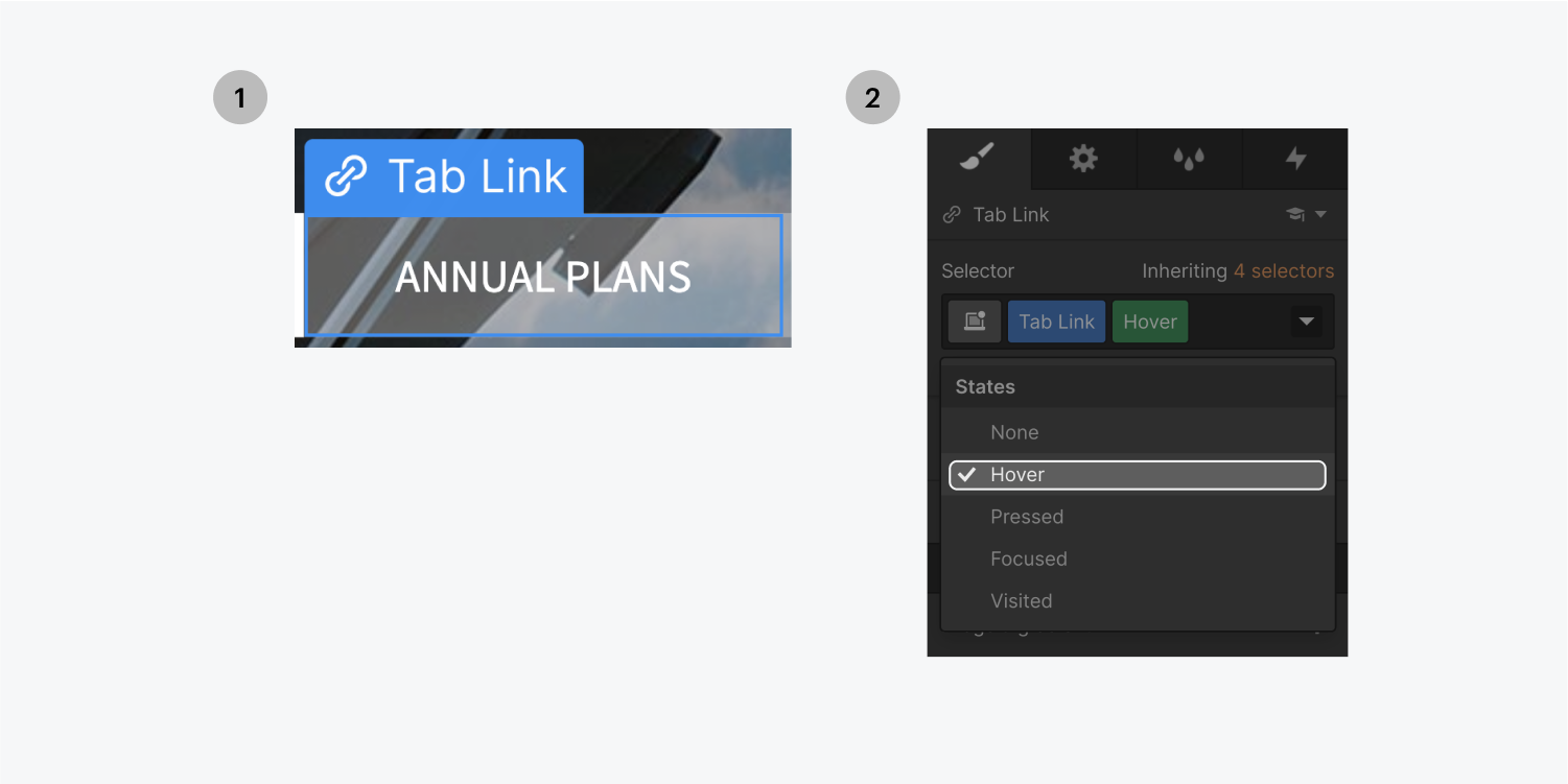 Step one on the left, select the Annual Plans tab. Step two on the right, select Hover (highlighted) in the states drop down menu. 