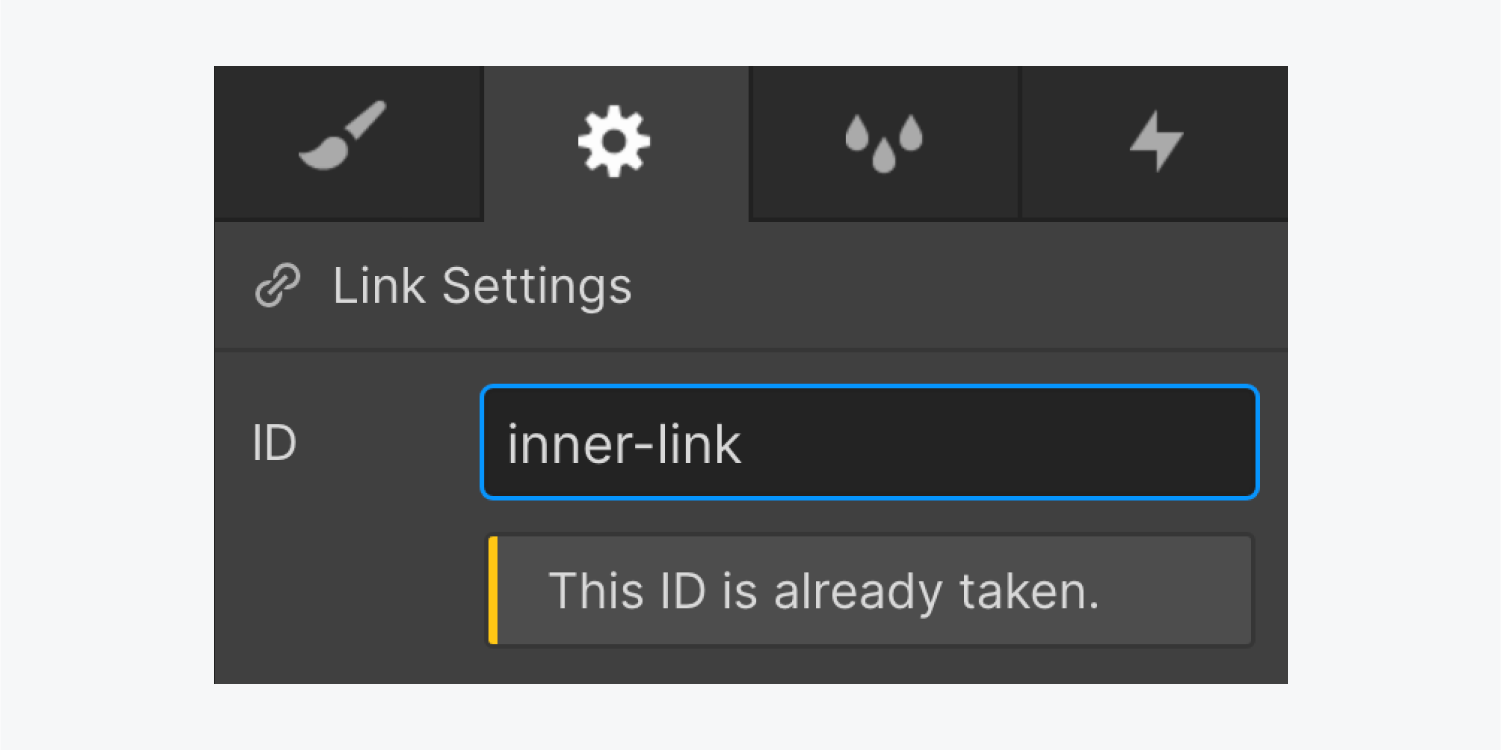 An error appears under the ID field of Link Settings, where an ID of “inner-link” has been entered. The error reads, “This ID is already taken.” 