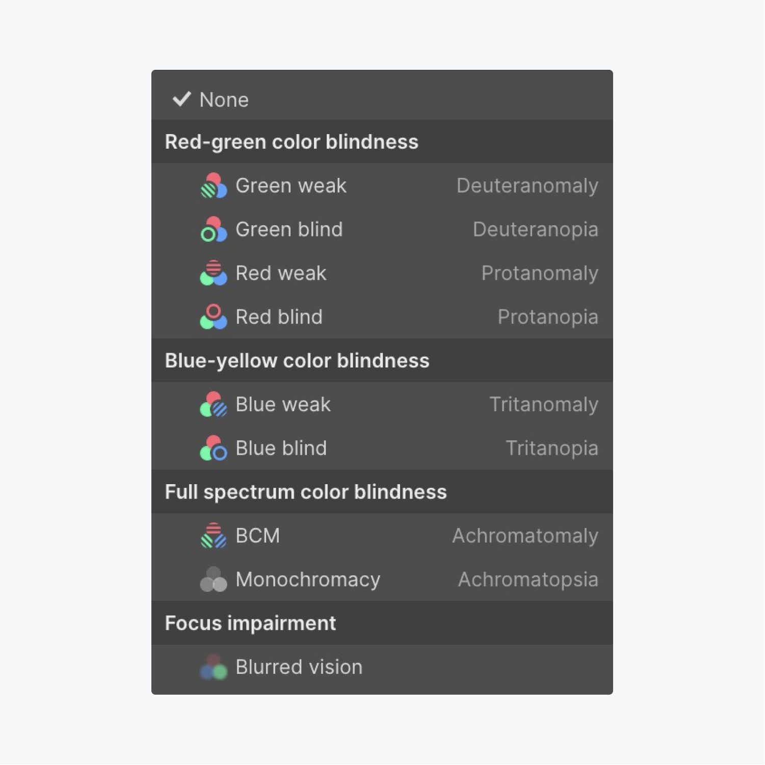 The Vision preview area of the Canvas settings allows you to preview your design from a red-green, blue-yellow and full spectrum color blindness perspective, as well as blurred vision focus impairment. 