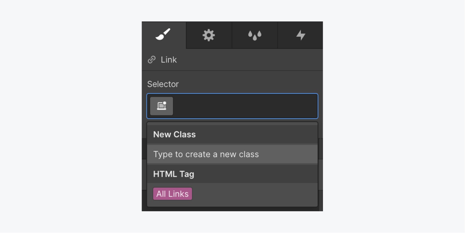 The Selector field is expanded to show the available All links tag.