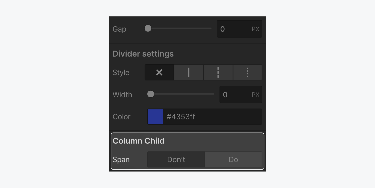 The Column child section of the text column properties is highlighted.