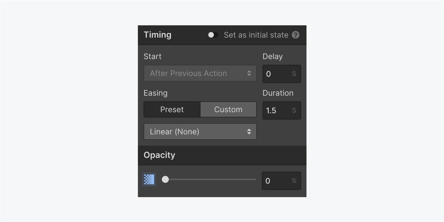 The timing settings panel displays a radio button to set as initial state, a start drop down menu with a delay input field, an easing duration and two settings with a type of ease dropdown menu. The opacity section includes a slider to increase the percentage.