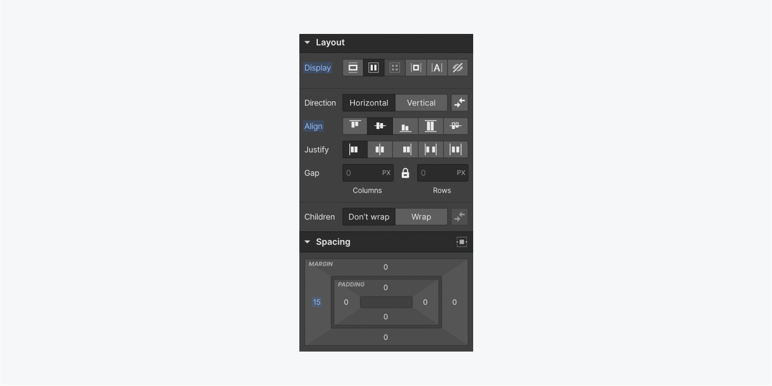 The Layout and Spacing sections in the Add panel.