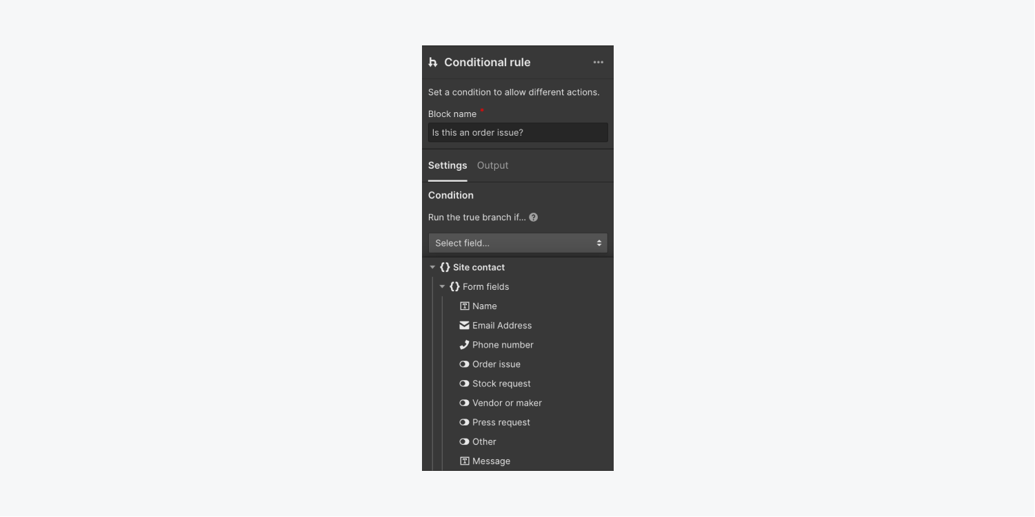 The Select field dropdown in Conditional rule settings allows you to select data from your flow to create a conditional rule.