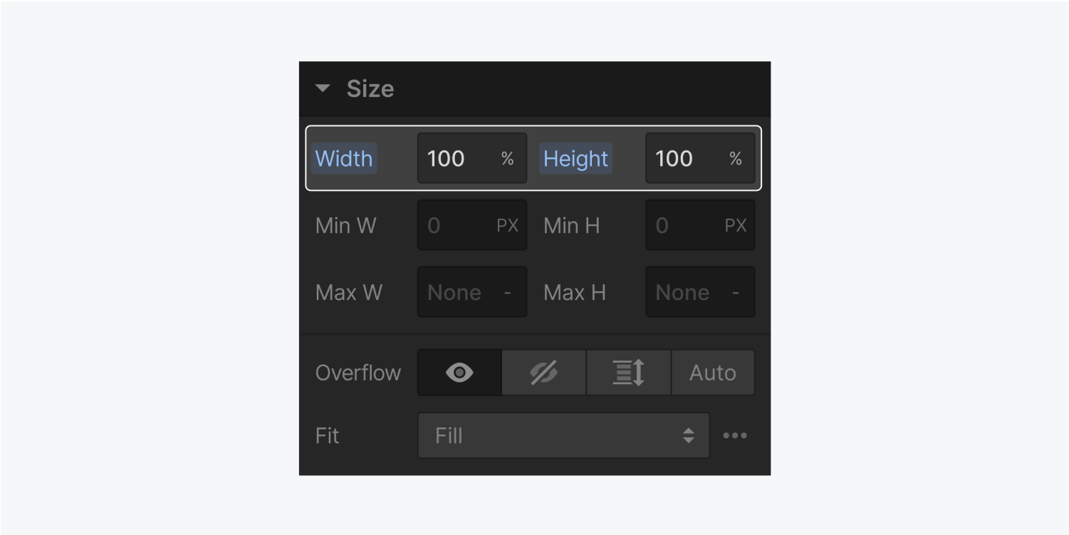 The size section in the style panel displays a width of 100% and a height of 100%. These are highlighted on the panel.