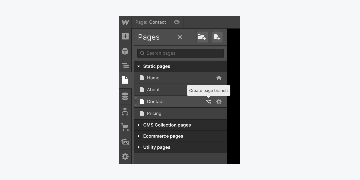 The “Create page branch” icon in the Pages panel.