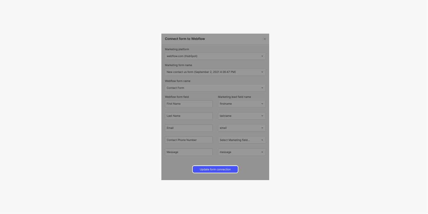 The “Update form connection” button is highlighted in Webflow’s “Connect form to Webflow” modal for a HubSpot form integration. 