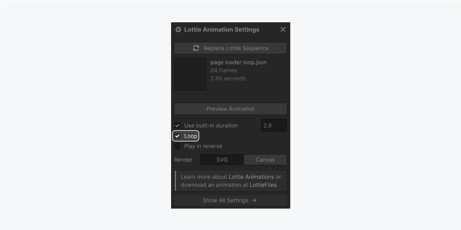 The lottie animation settings panel displays a replace lottie sequence button, a preview window, a preview animation button, a check box for use built-in duration, loop and play in reverse. It also displays an input field for the use built-in duration. Below are two options for Render, SVG and canvas. At the bottom there is a show all settings button.