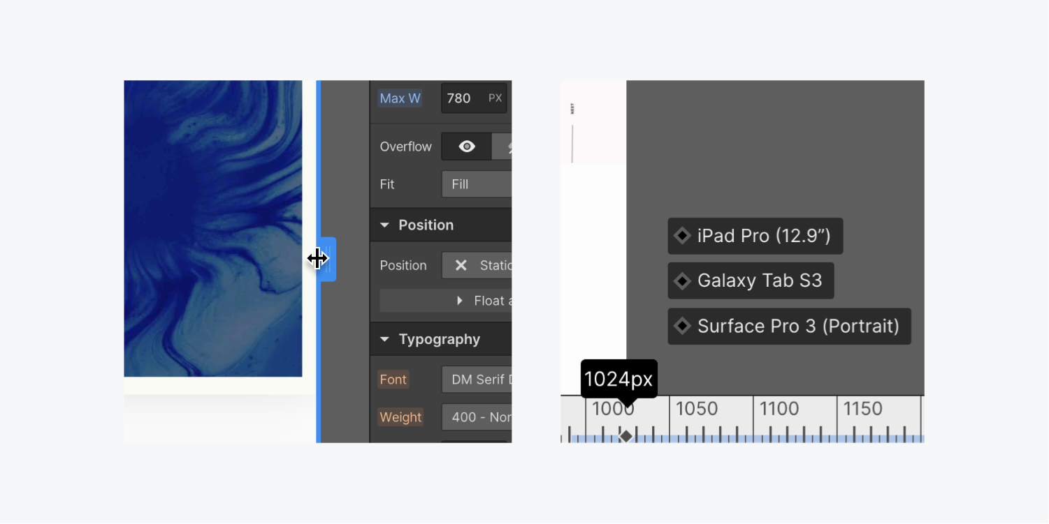 On the left, the blue drag element on the edge of the canvas is being dragged to the left. On the right, the breakpoint sizes and the respective device is detailed on the bottom of the canvas with a ruler set at 1024 px.