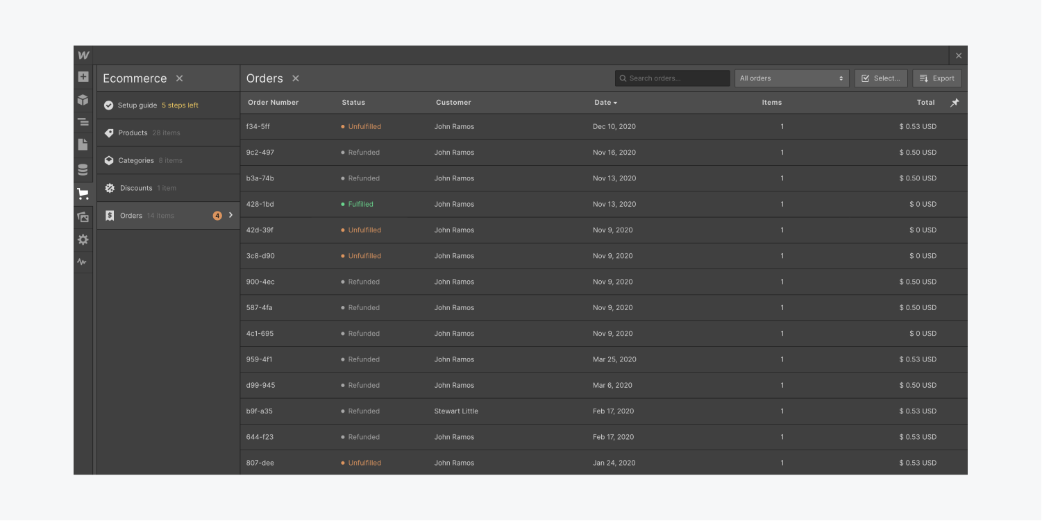 The Orders list in the Webflow Designer displays a list of your most recent orders along with each order's status, customer, date, the number of items purchased, and the total paid. 