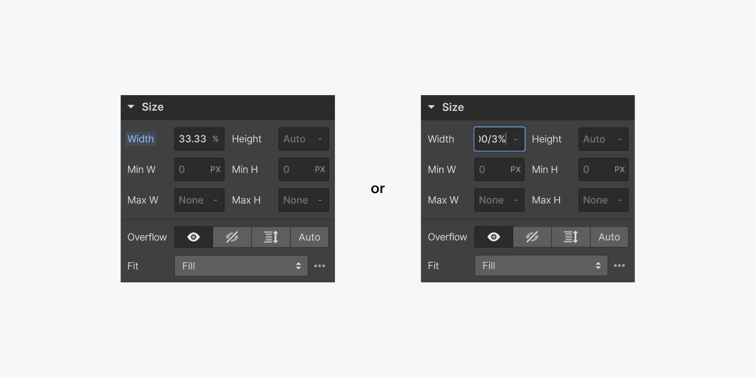 Two size settings panels are side by side. On the left, the width is set to 33.33%. On the right, the width is set to 100 divided by 3% in the text input fields.