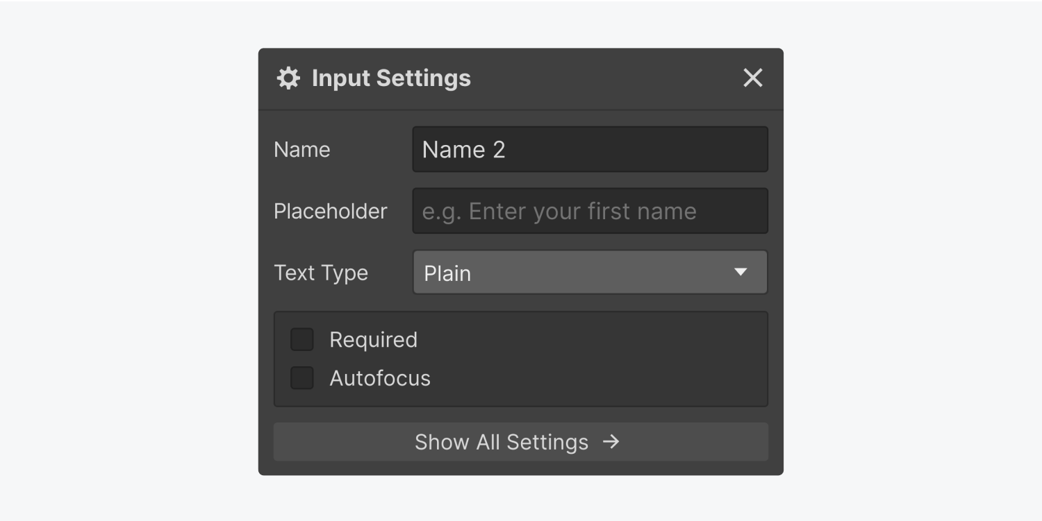 Settings for an Input field, including Name, Placeholder, Text Type, and options to set the Input to Required and Autofocus the field.