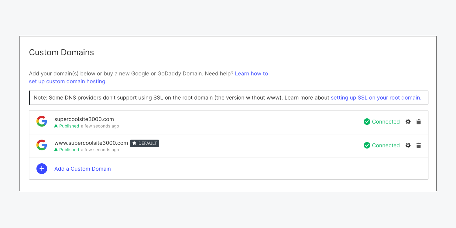 Both the root domain supercoolsite3000.com and the www subdomain www.supercoolsite3000.com appear in the Custom domains section of the Publishing tab.