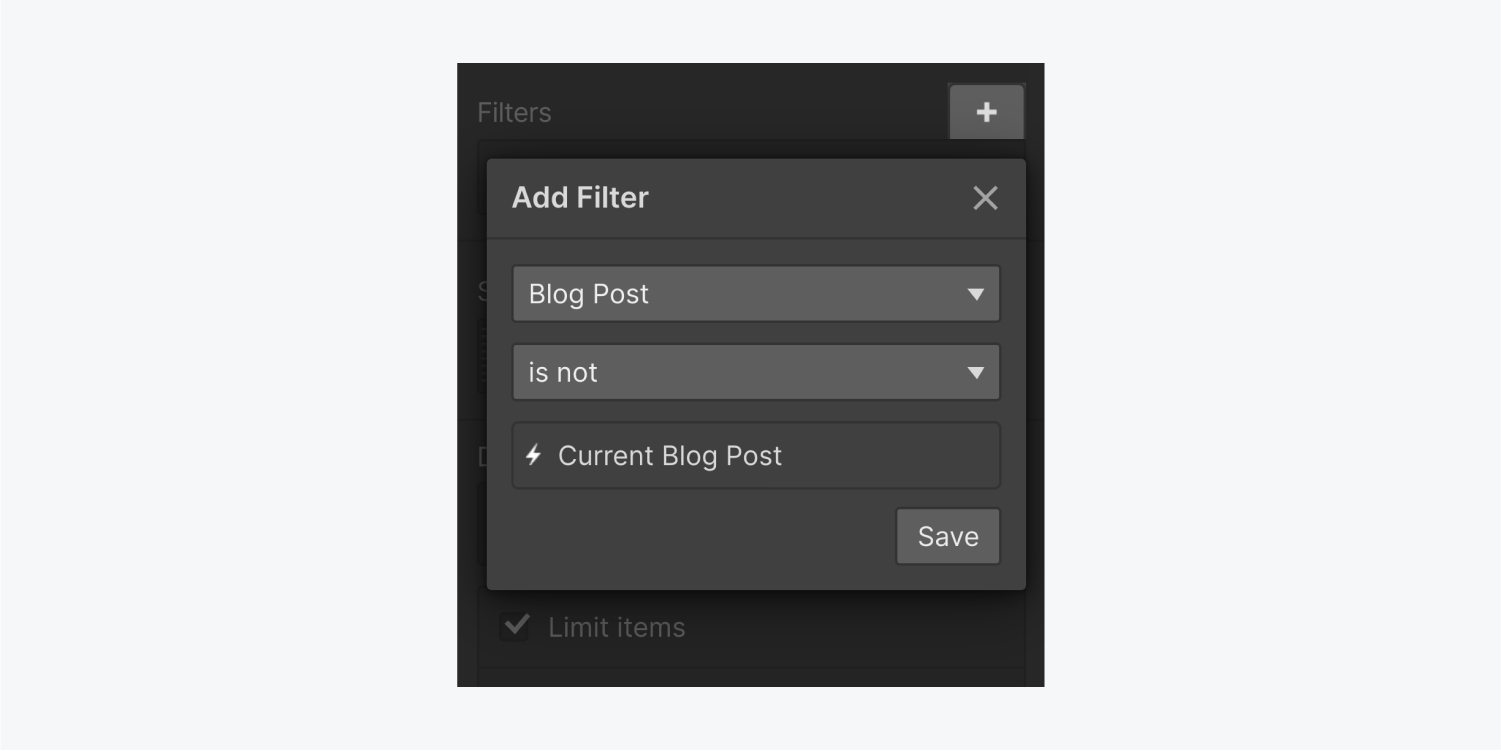 The Add Filter panel includes a Blog Post is Not setting. The third field is showing "current blog post." There are also an x close button and a save button.