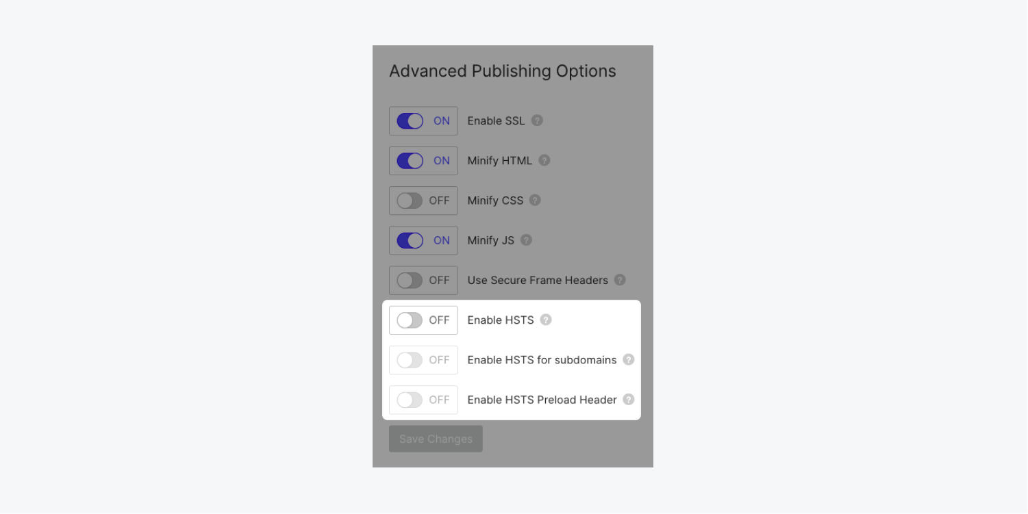 The Enable HSTS, Enable HSTS for subdomains, and Enable HSTS Preload Header toggles are highlighted in the Advanced publishing options section.