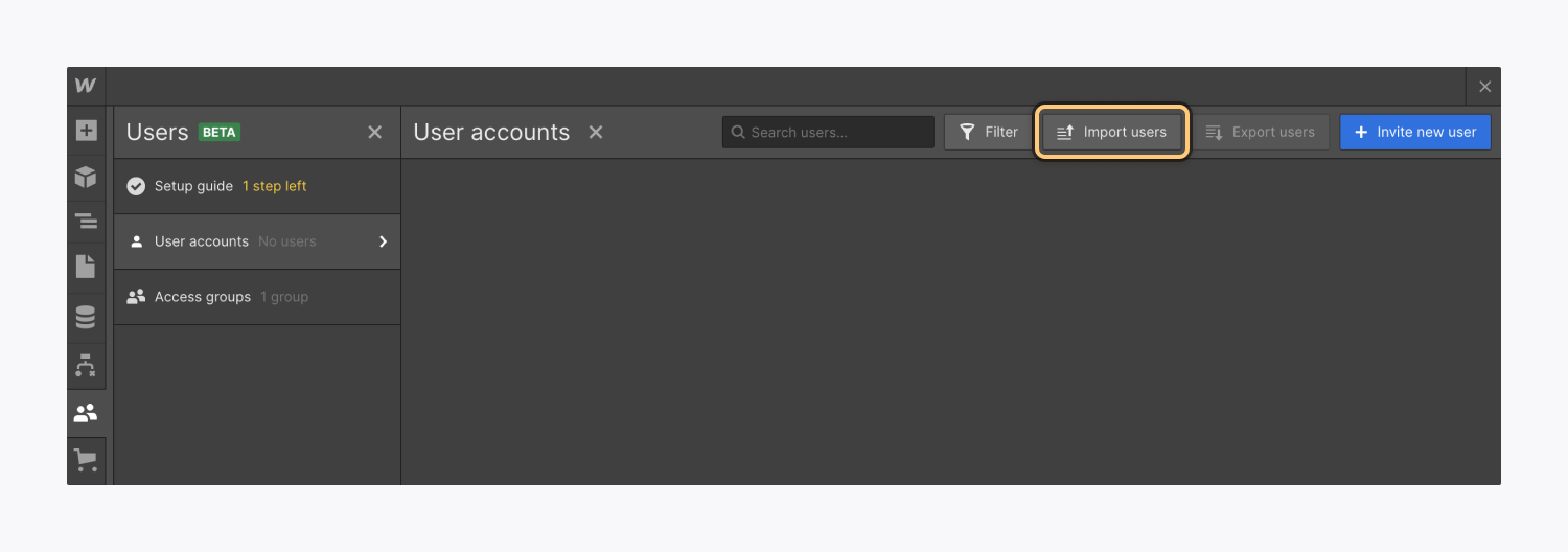 The “Import users” button highlighted in the top bar of User accounts inside the Users panel.