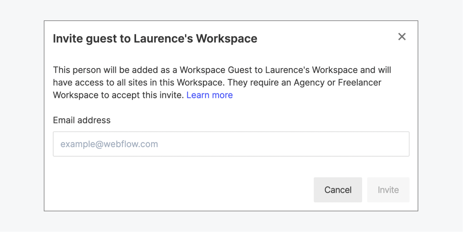 The Invite guest to a Workspace modal window, where you can input the guest’s email address.