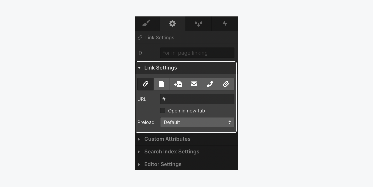 The Link settings section in the Element settings panel.