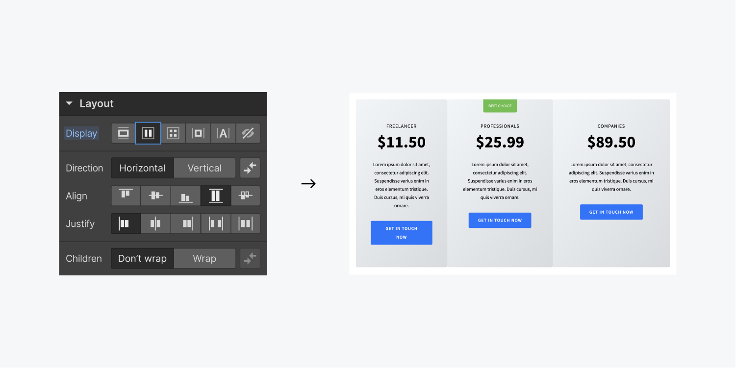 On the left, the layout settings are set to display flex, direction horizontal, align stretch and justify left. On the right, the three divs are now all in one row next to each other with different widths.