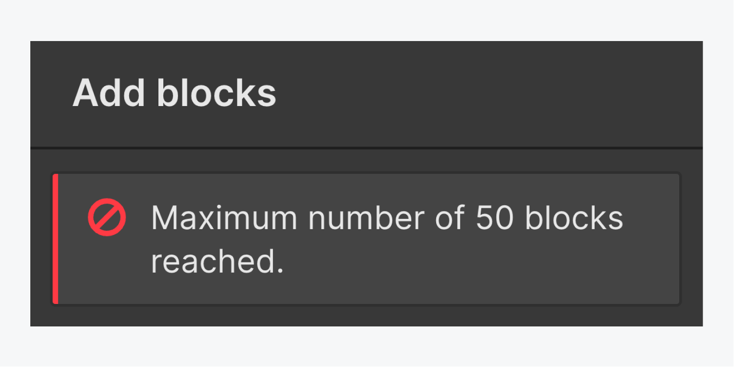 The “Maximum number of 50 blocks reached” error message appears in the Add blocks panel.